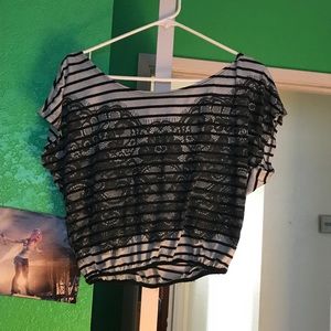 Lace Patterned Striped Crop Top (Off the Shoulder)